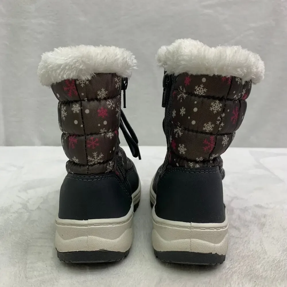 Toddler Girls Sz 8 US Snowflake Zip Up Winter Boots Gray Furry Lace Up Mid Calf